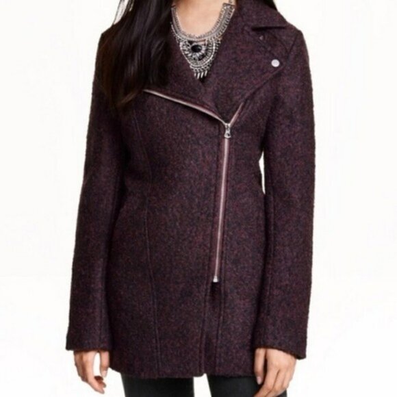 New H&M Divided Wool Blend Black Red Burgundy Zip Up Pea Coat Jacket Size 6 - Picture 1 of 7